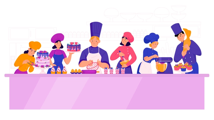 Confectioner chefs composition with front view of long table with characters of cooks with various sweets vector illustration