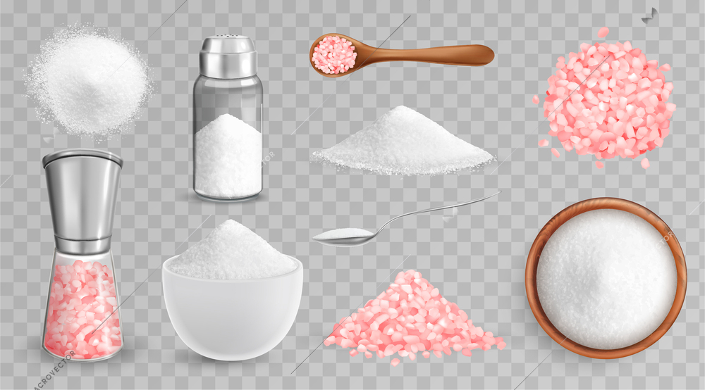 Realistic salt set of isolated images with white and pink salt in cellars plates and piles vector illustration