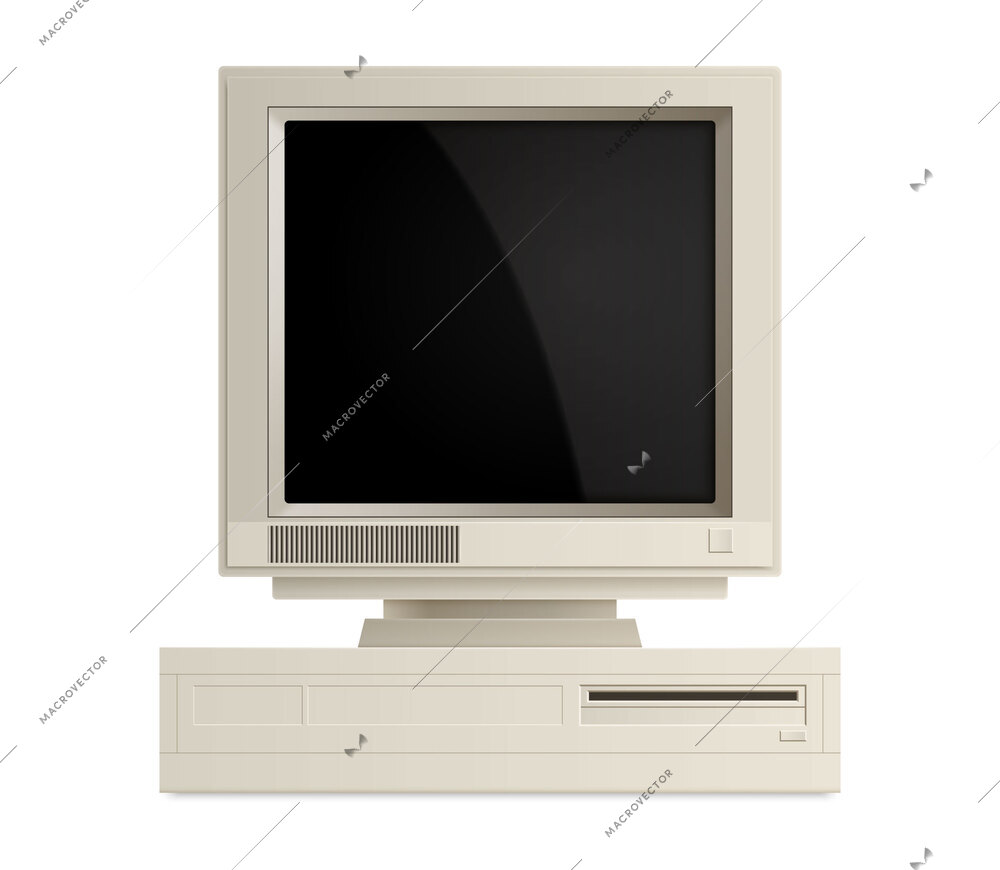 Retro vintage computer realistic composition with isolated front view of personal computer with display on mainframe vector illustration