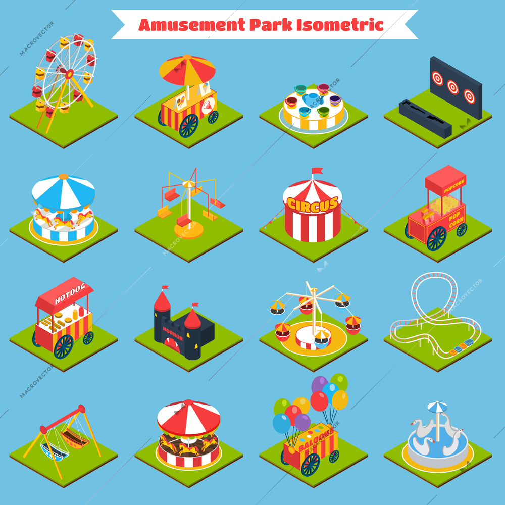Amusement park isometric icons set with 3d ferris-wheel ice cream and balloons isolated vector illustration