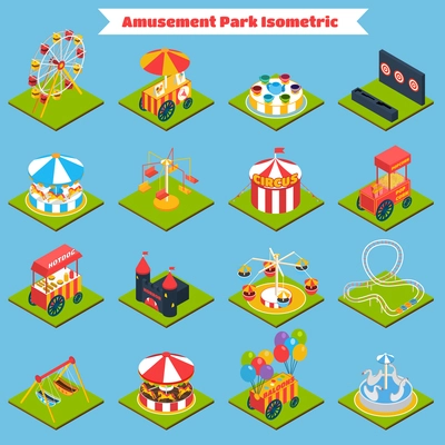 Amusement park isometric icons set with 3d ferris-wheel ice cream and balloons isolated vector illustration