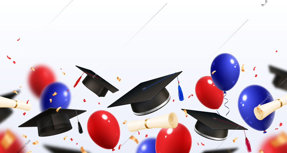 Graduation realistic composition with falling confetti and flying air bubbles with academic hats and diploma rolls vector illustration