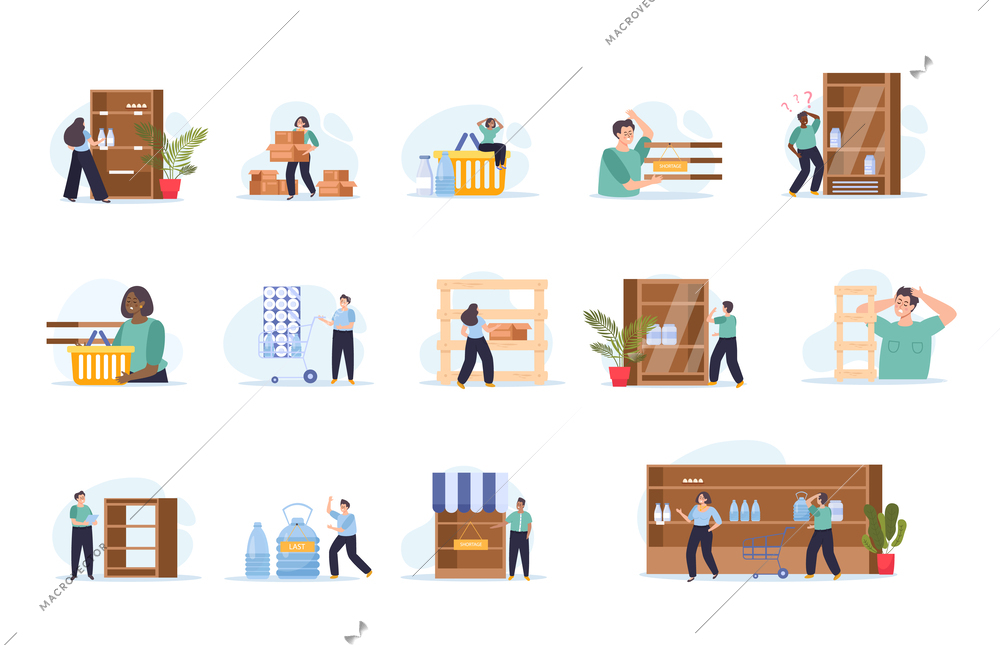 Shortage of goods set of flat isolated icons with human characters and products on blank background vector illustration