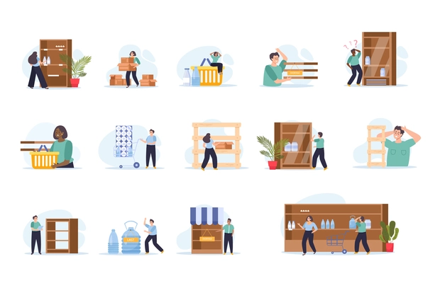 Shortage of goods set of flat isolated icons with human characters and products on blank background vector illustration