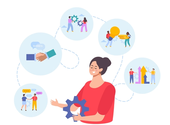 Business merger concept flat background with woman holding gear surrounded by compositions of people and icons vector illustration