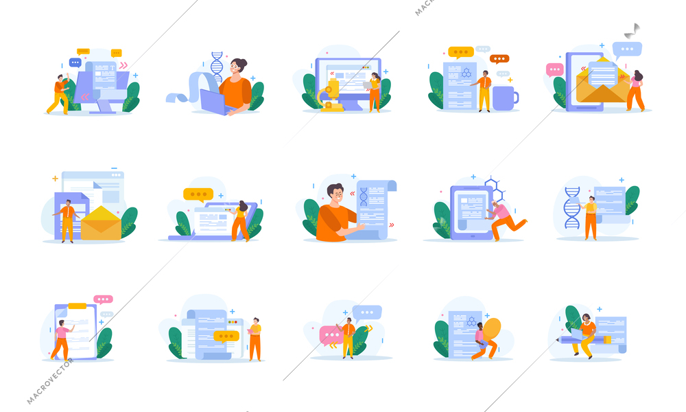 Scientific articles writing set of flat icons with isolated images of letters and people in research vector illustration