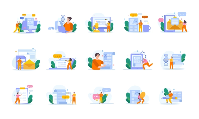 Scientific articles writing set of flat icons with isolated images of letters and people in research vector illustration