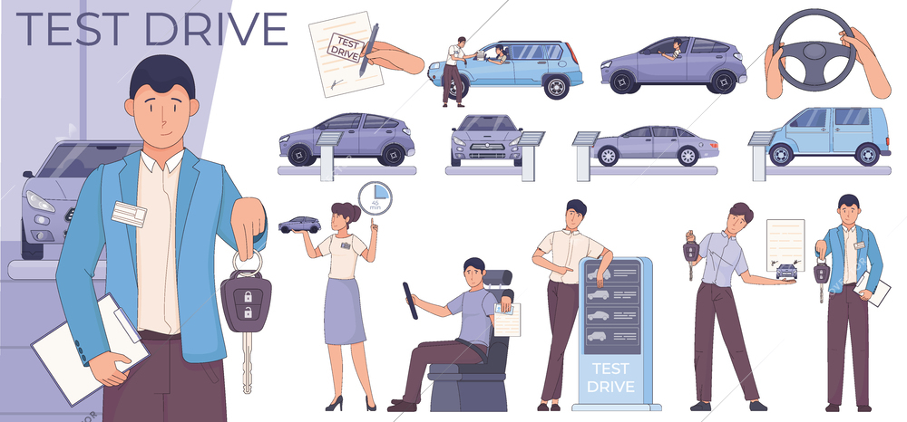 Test drive car flat composition with character of automobile dealer giving keys and set of icons vector illustration