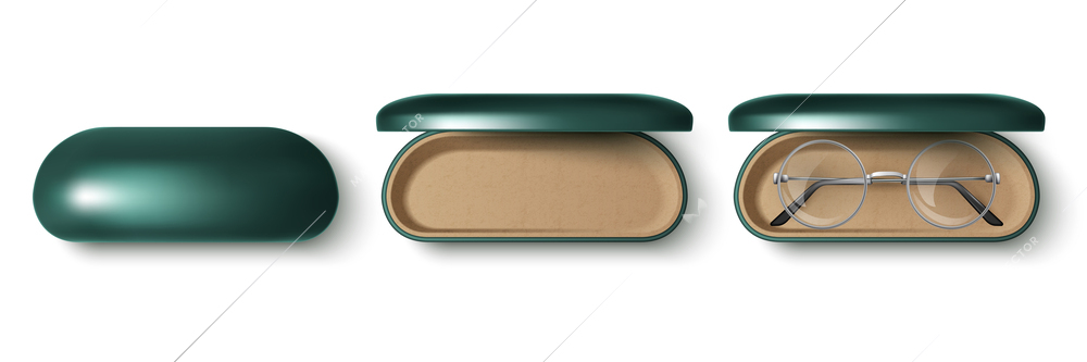 Open and closed shiny green glasses case realistic set top view isolated vector illustration