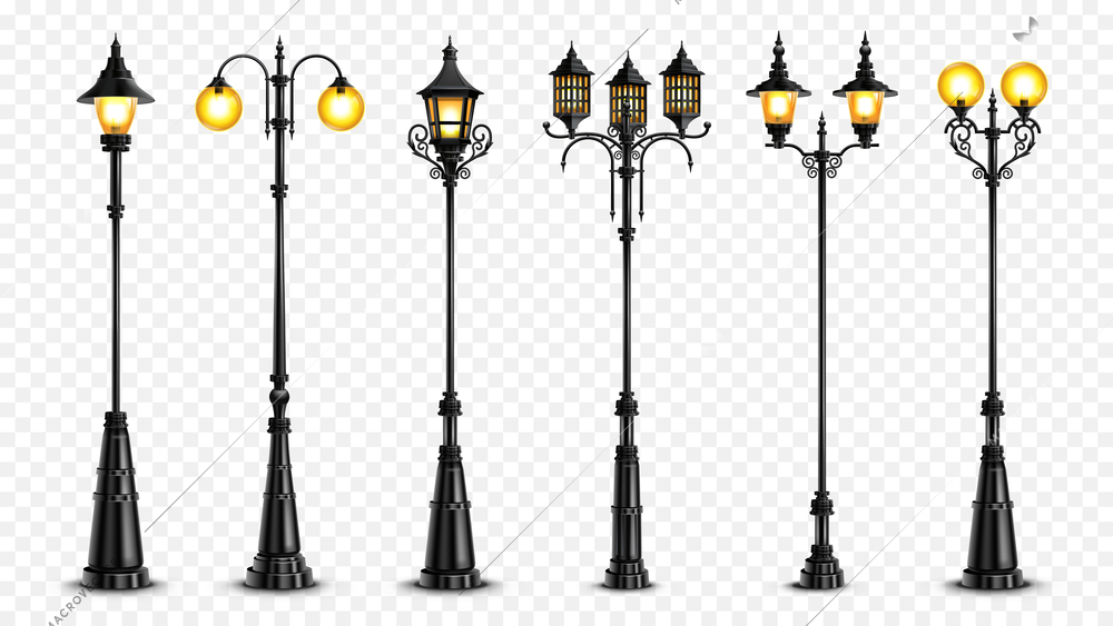 Realistic retro street lanterns set isolated on transparent background vector illustration