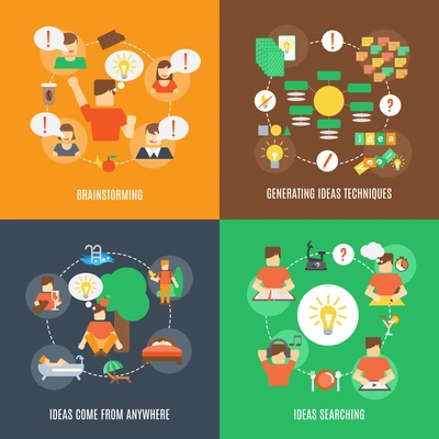 Ideas generating and searching techniques design concept set with brainstorming flat icons isolated vector illustration