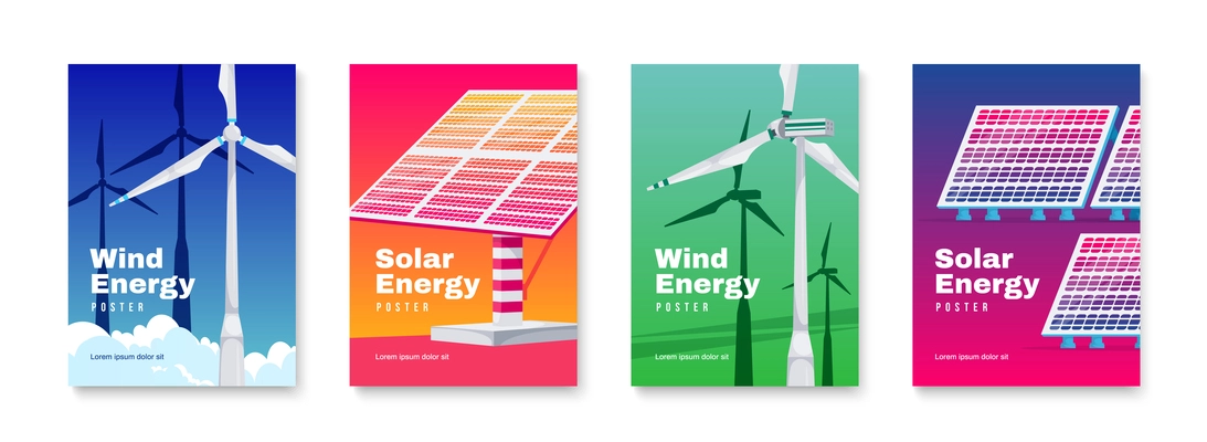 Ecology green energy vertical color posters set with wind turbines and solar panels isolated realistic vector illustration