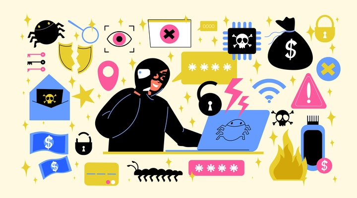 Cyber crime flat icons set with hacker and laptop vector illustration