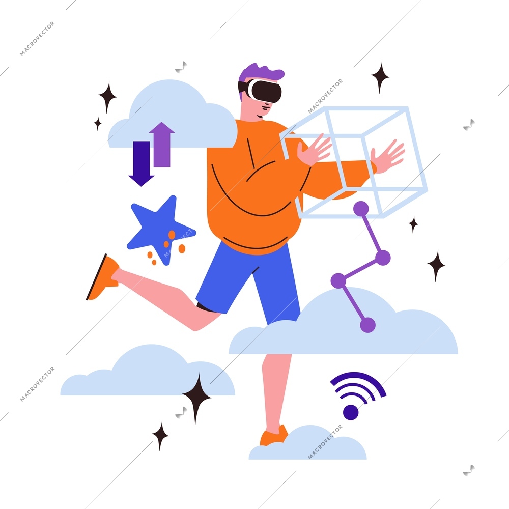 Cyberspace flat concept with man wearing vr headset vector illustration