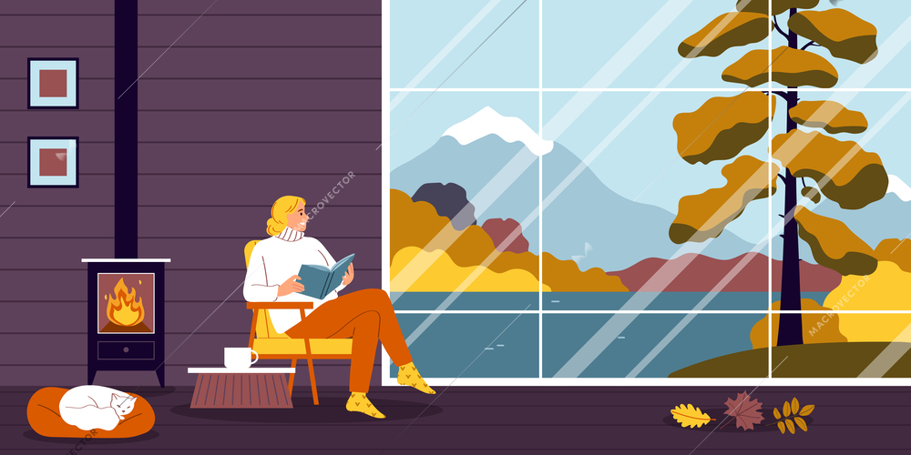 Autumn background with reading and cozy room symbols flat vector illsutration