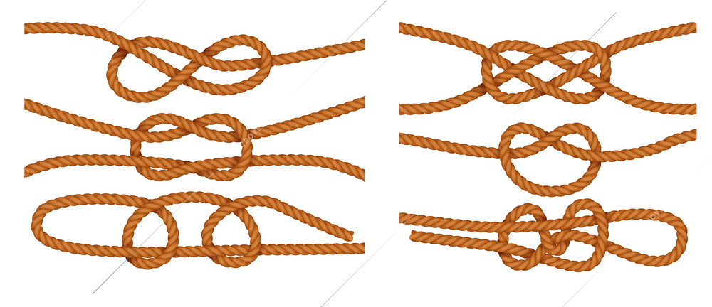 Nautical types of knots tied on jute or hemp ropes realistic set isolated at white background vector illustration