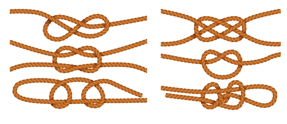 Nautical types of knots tied on jute or hemp ropes realistic set isolated at white background vector illustration