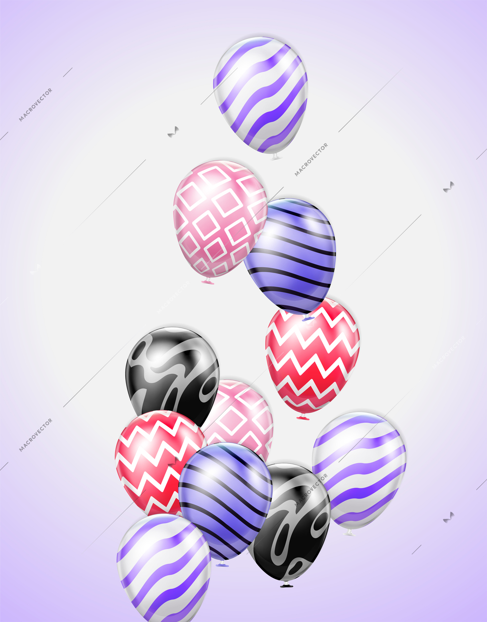 Realistic balloon composition with purple gradient background and view of flying balloons with colorful ornate decorations vector illustration