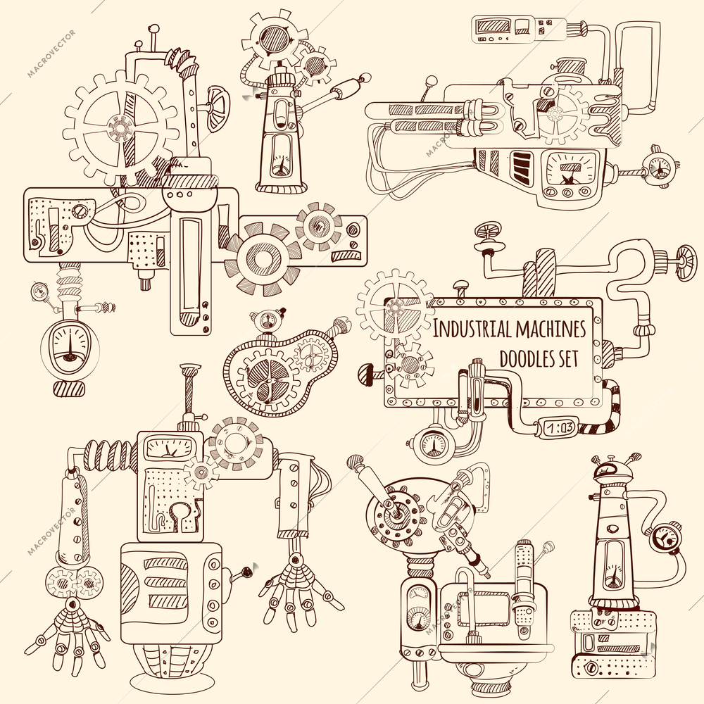 Industrial machines engines and robots doodles set isolated vector illustration