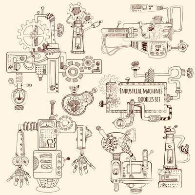 Industrial machines engines and robots doodles set isolated vector illustration