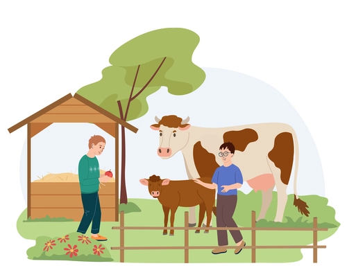 Contact farm flat composition with children interacting with cow and calf on farmyard lawn cartoon vector illustration