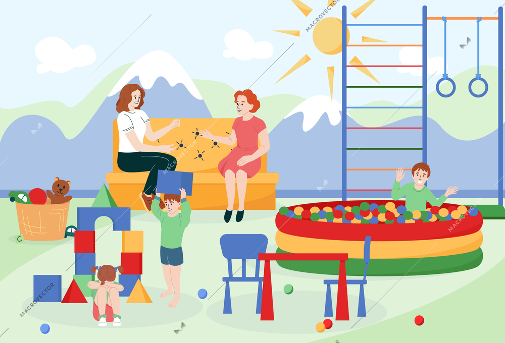 Children room flat composition with two mothers talking and looking after their playing kids vector illustration