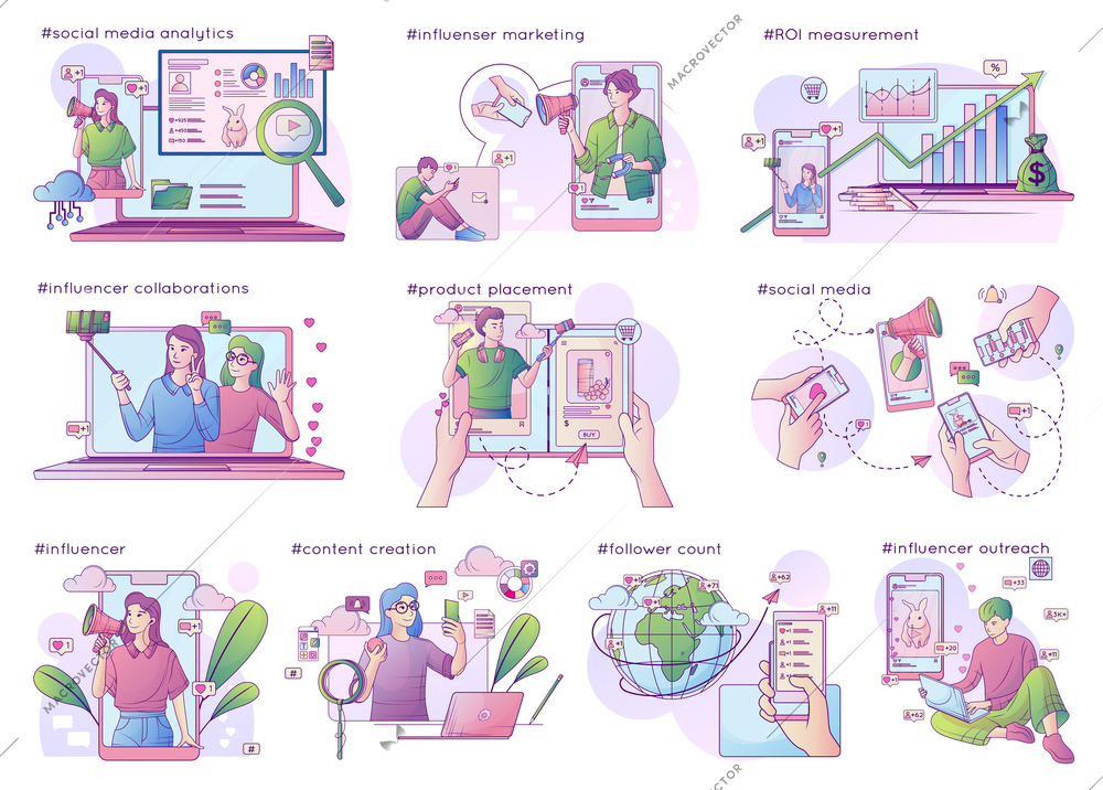 Influencer marketing flat line set of isolated compositions with text captions and blogger characters with gadgets vector illustration