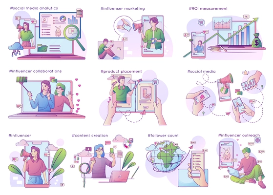 Influencer marketing flat line set of isolated compositions with text captions and blogger characters with gadgets vector illustration