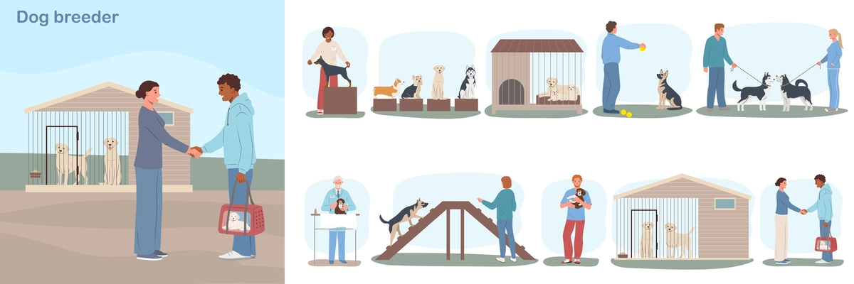 Dog breeder business flat composition with people shaking hands pets shelter and set of isolated icons vector illustration
