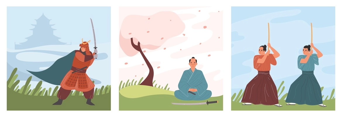 Samurai flat composition set with men in traditional japan clothes isolated vector illustration