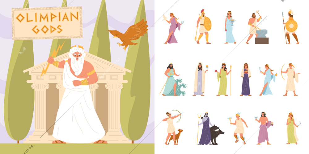 Olympic gods flat icons with classic greek deities isolated vector illustration