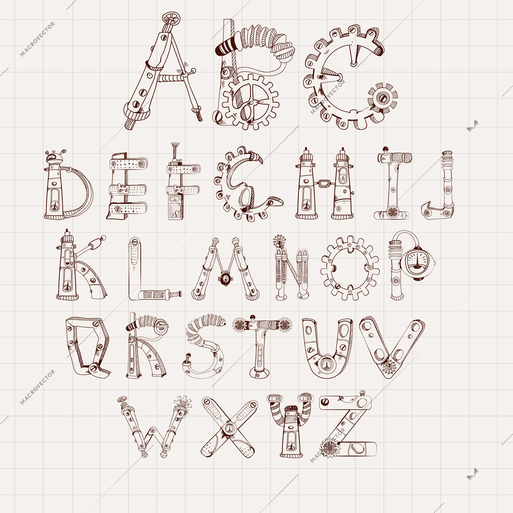 Mechanical alphabet cogwheel abc letters set isolated on square paper background vector illustration