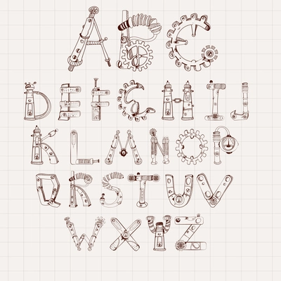 Mechanical alphabet cogwheel abc letters set isolated on square paper background vector illustration