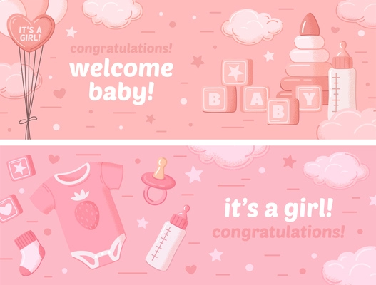Baby shower cartoon banner set with girl child accessories isolated vector illustration