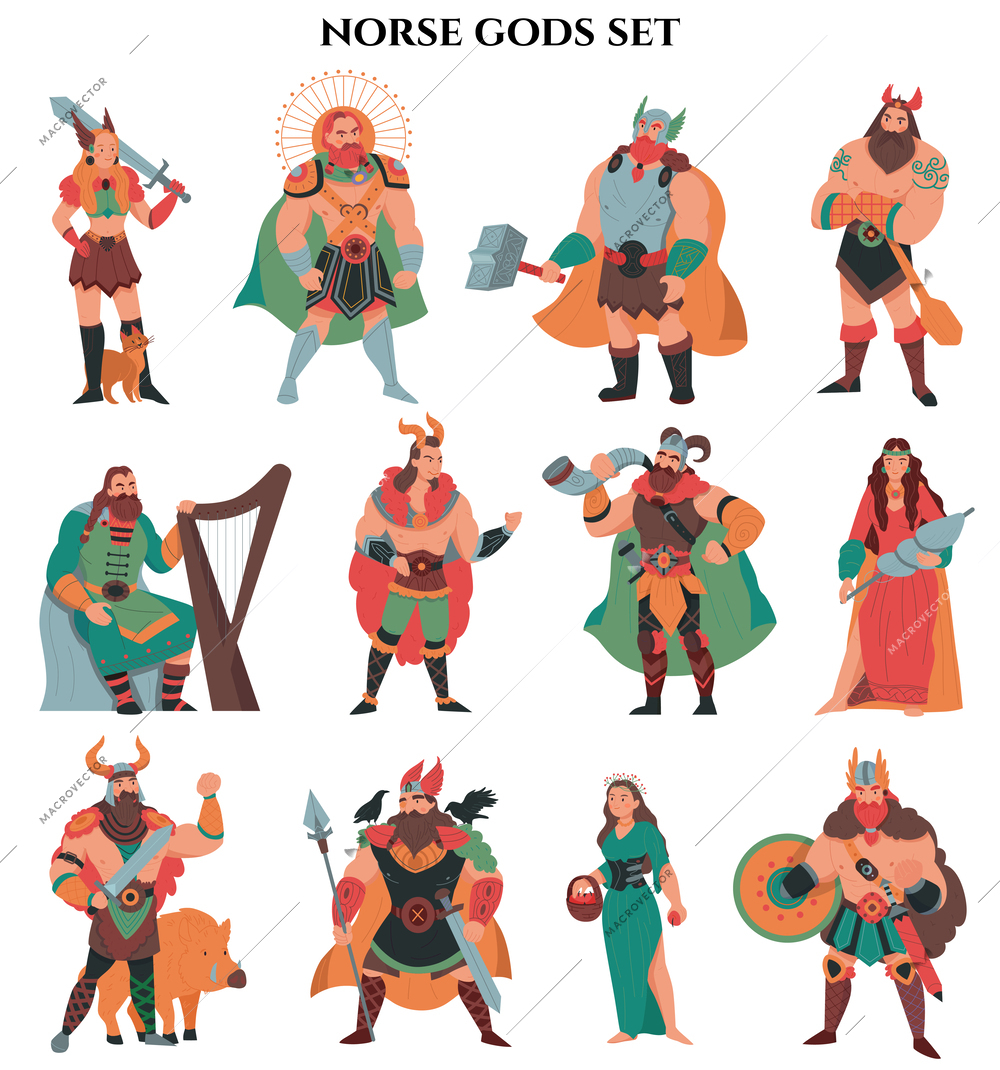 Norse gods color set with isolated cartoon style characters of ancient mythical creatures on blank background vector illustration
