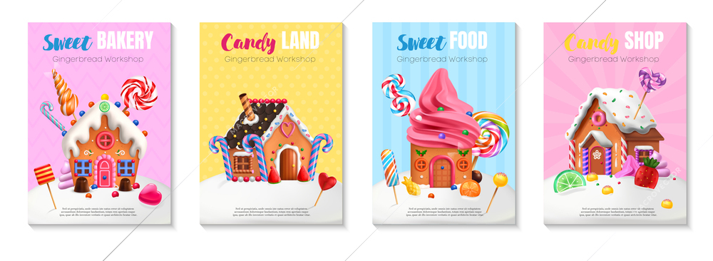 Sweet food shop candy house posters set decorated by cake houses with glaze topping realistic vector illustration