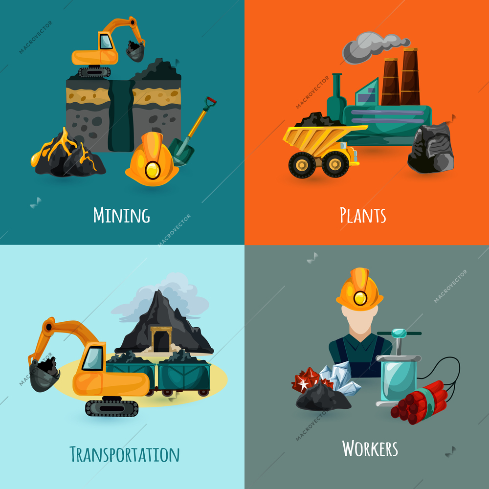 Mining design concept set with plants transportation and worker icons isolated vector illustration