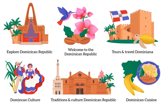 Dominican republic flat cartoon compositions with caption representing culture traditions cuisine isolated vector illustration