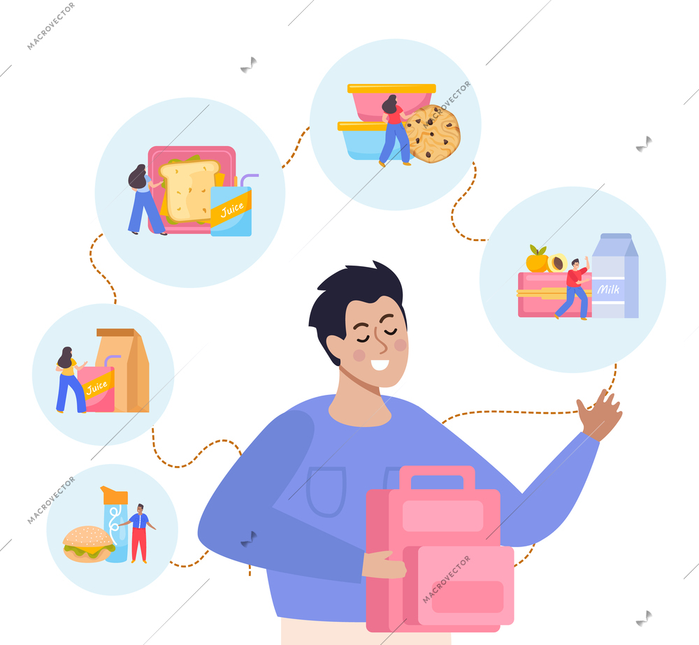 Lunch box flat background with male character holding backpack surrounded by circle compositions of packed food vector illustration