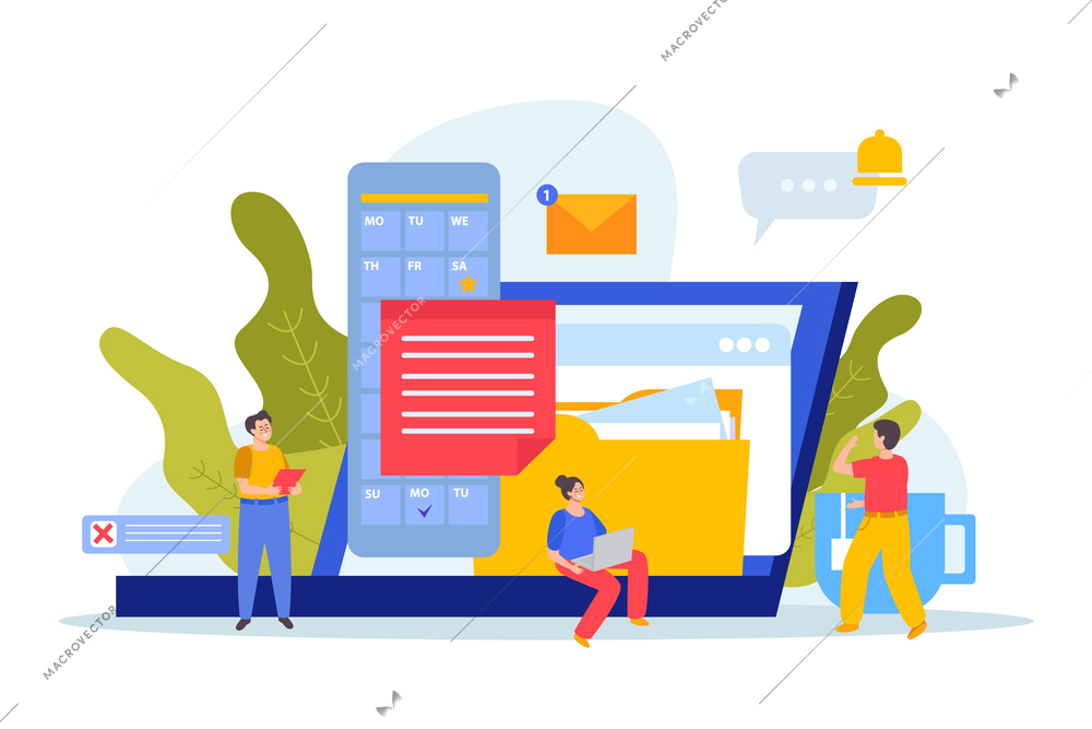 Event planning flat composition with doodle human characters laptop documents calendar app message and notification signs vector illustration