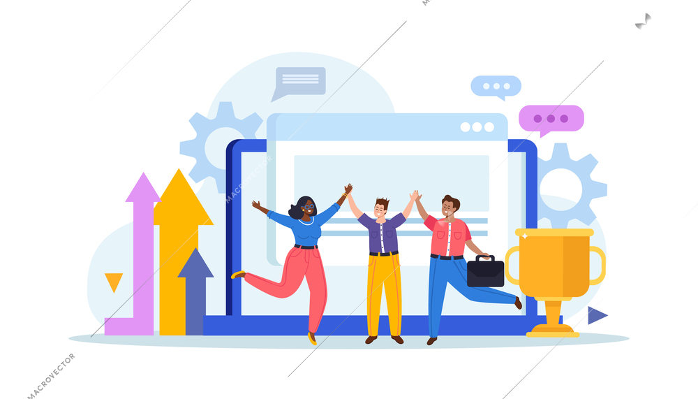 Corporate culture composition with computer windows arrows gear icons trophy cup and doodle characters of coworkers vector illustration