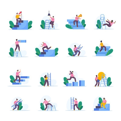 Man with ladder flat icons set with isolated human characters moving on stairs with floral elements vector illustration