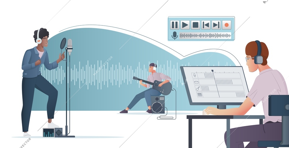 Digital music flat illustration with singer recording music and sound designer working with multimedia software vector illustration