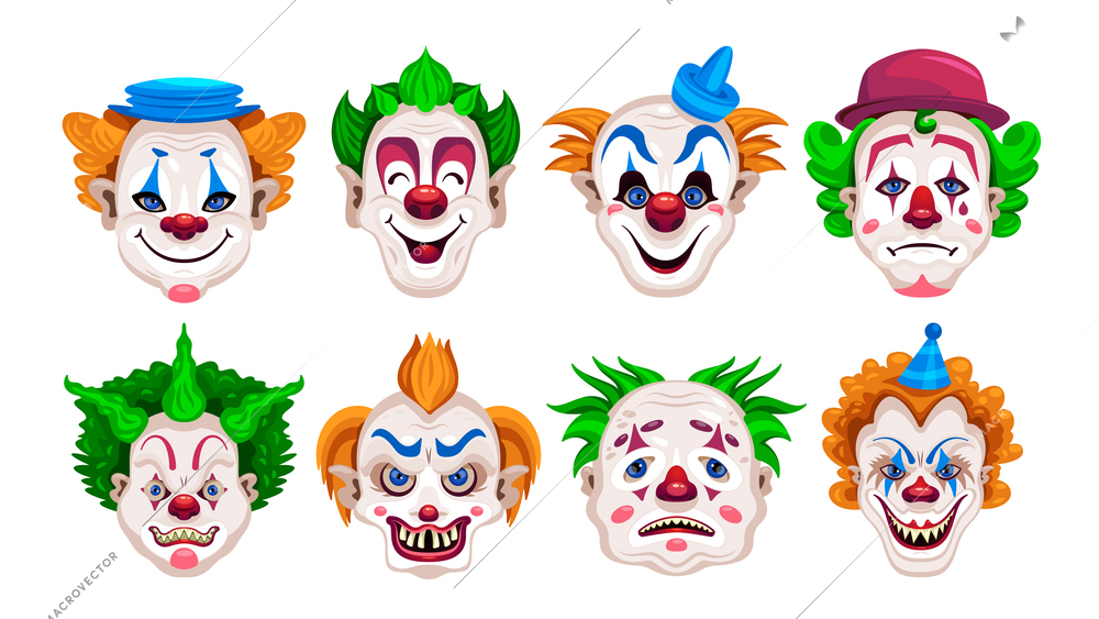 Clowns faces color set with isolated front view images of funny and scary faces of clowns vector illustration