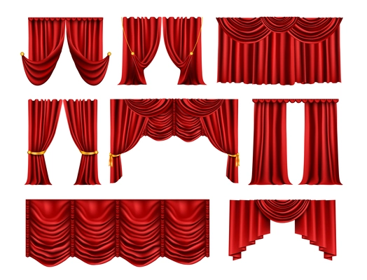 Realistic curtains set with isolated front view images of red curtain fabric backdrops on blank background vector illustration