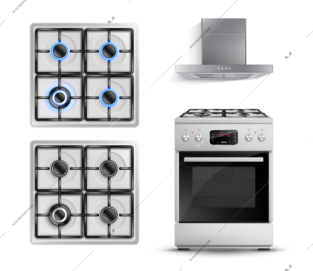 Realistic gas stove set with isolated images of oven and burning cooktop with cooker hood view vector illustration