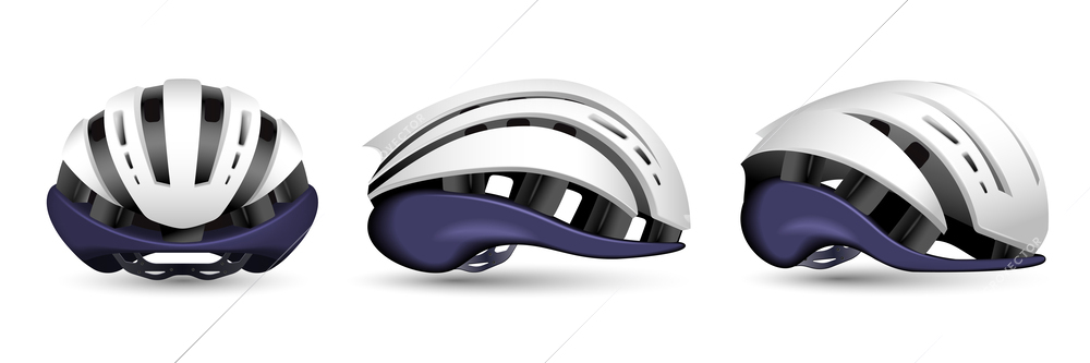 Realistic bike helmet set with three isolated views of modern style bicycle helmet on blank background vector illustration