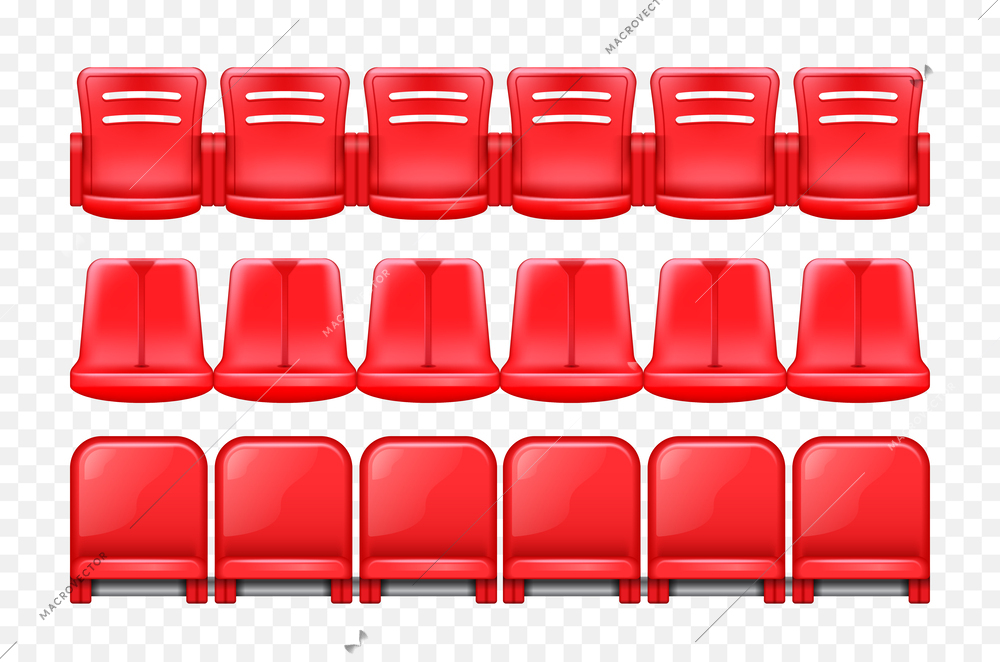 Realistic stadium tribune composition with isolated front and back views of rows with red plastic seats vector illustration