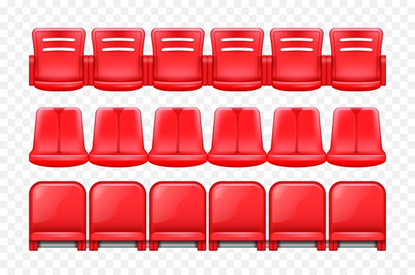 Realistic stadium tribune composition with isolated front and back views of rows with red plastic seats vector illustration