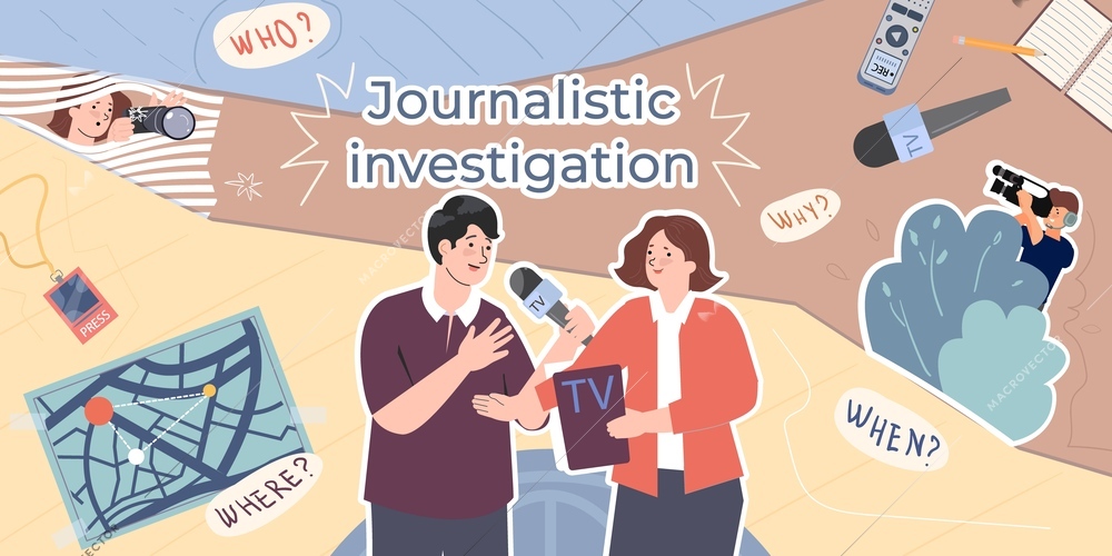 Journalistic investigations composition with collage of flat icons thought bubbles with questions map and human characters vector illustration